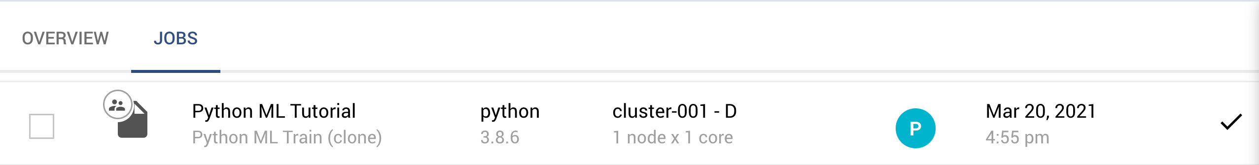 Jobs Tab with ML Training Calculation Set Up