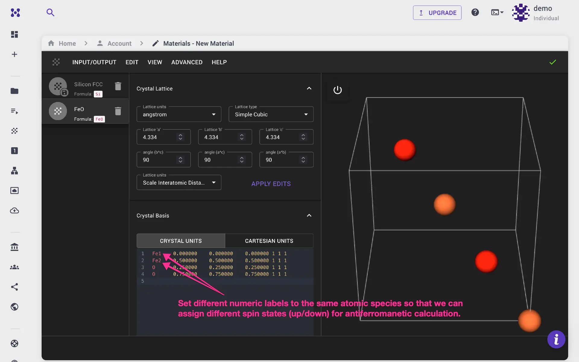 materials designer with atomic labels
